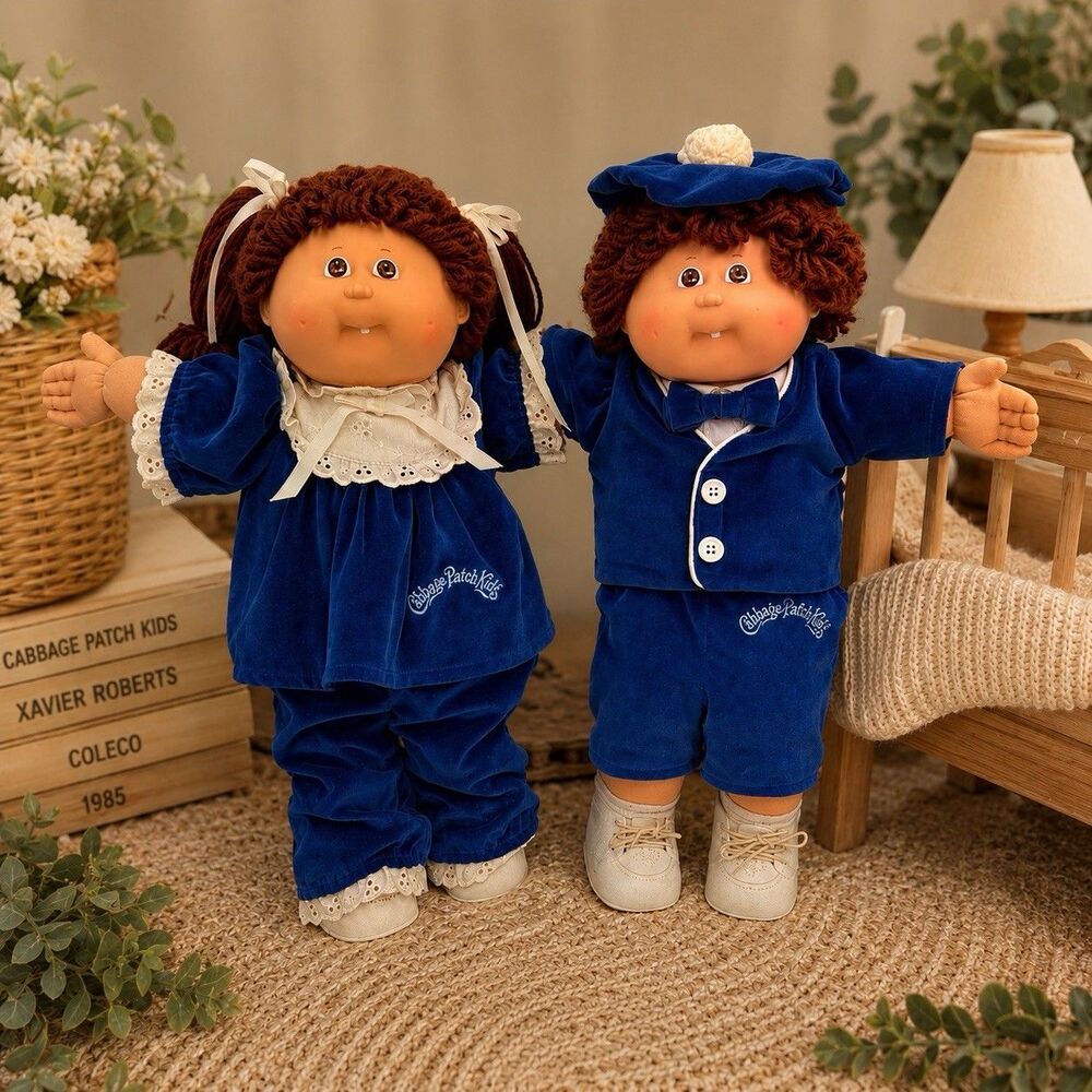 VTG Cabbage Patch Kids Twins Xavier Roberts Coleco Blue Velvet Brown Eyes 1985